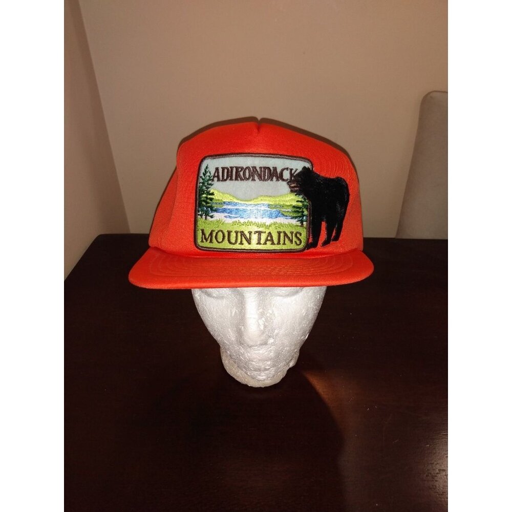 Vintage Adirondack Mountains Snapback Hat Bear Trucker Big Patch Orange Hunting